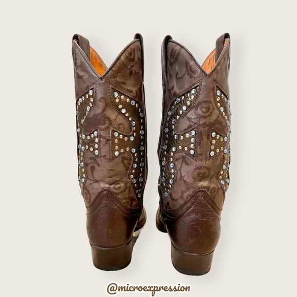 $429 Frye Daisy Duke Floral Metallic Brown Tan Rhinestone Pull On Cowboy Boot - Picture 9 of 16